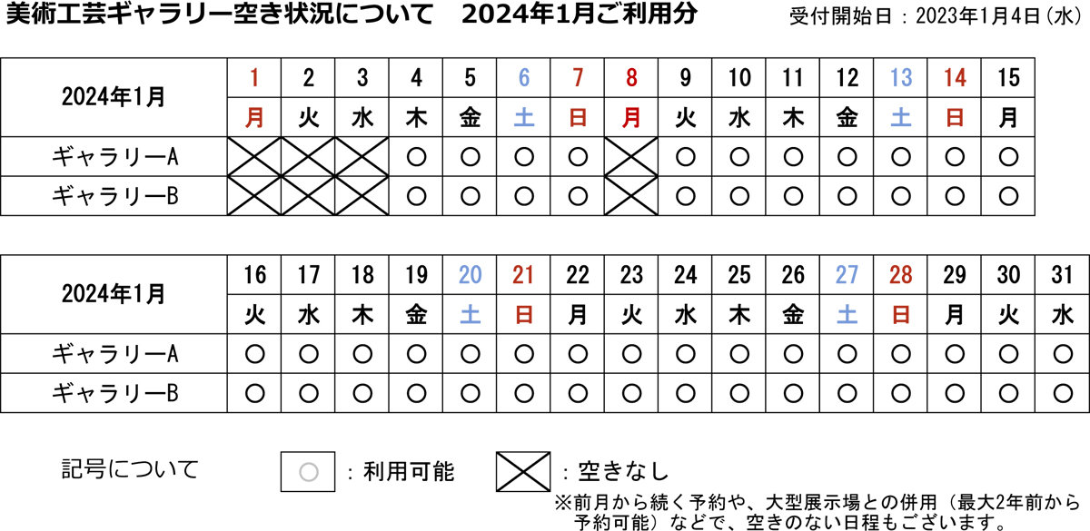 美術工芸ギャラリーの空き状況カレンダー